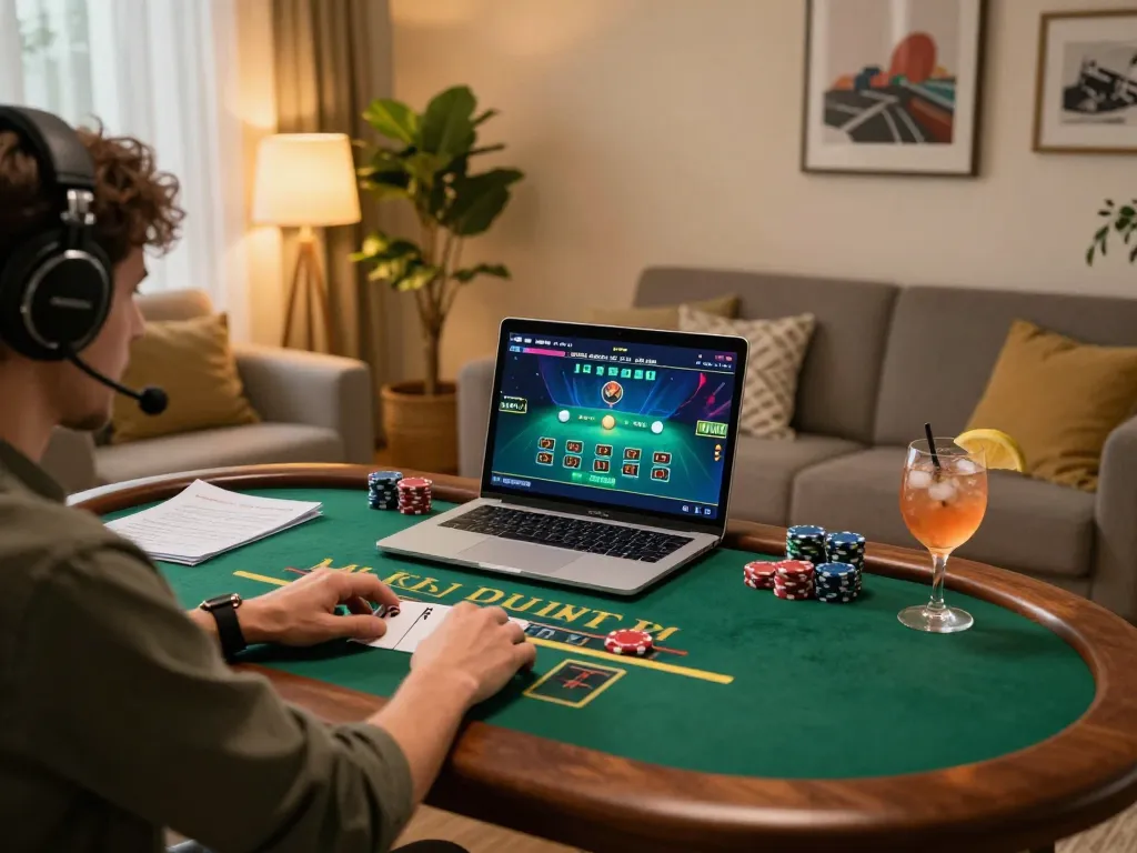 Player enjoying a live dealer blackjack game at Jun88 from the comfort of home, showcasing strategic gaming.