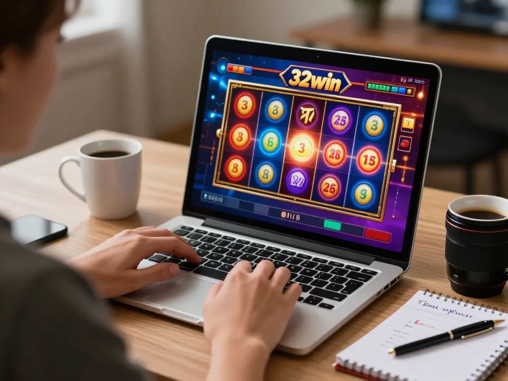 Gamer spins vibrant 32win slot reels during exciting online casino session.