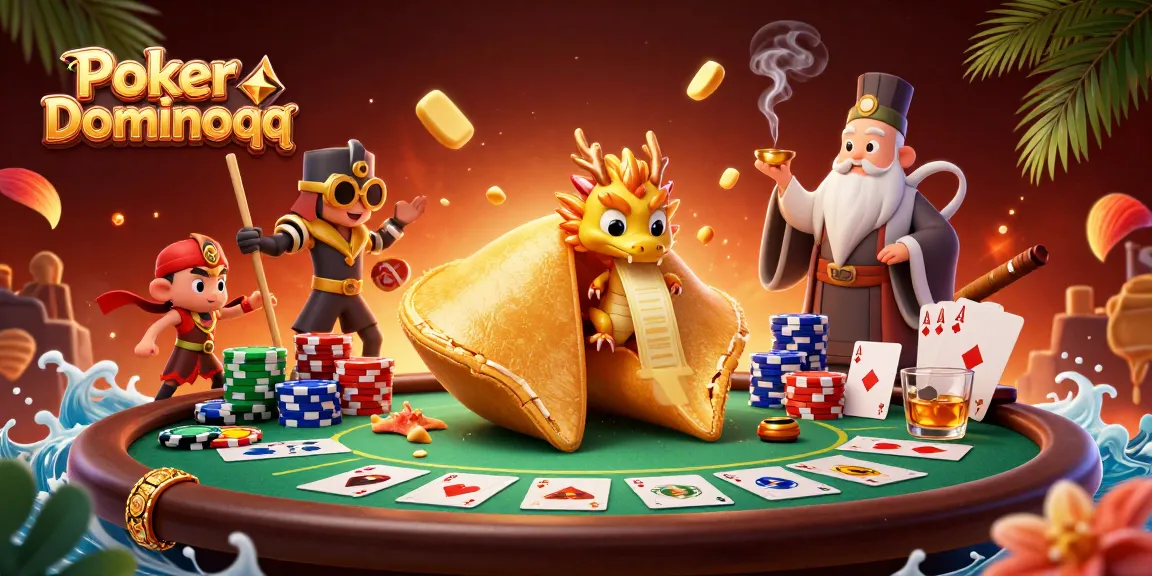 Experience the thrill of Poker Dominoqq with dynamic gaming visuals, showcasing fortune cookie characters.