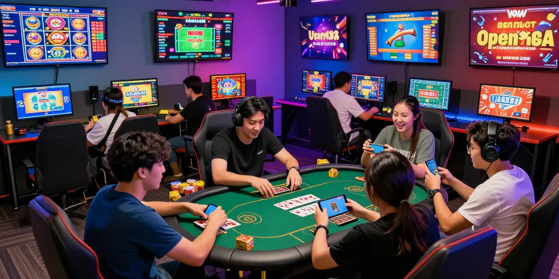Exciting online gaming scene at Open88 with diverse players engaging in high-stakes card games and vibrant slot machines on https://open88.games/.