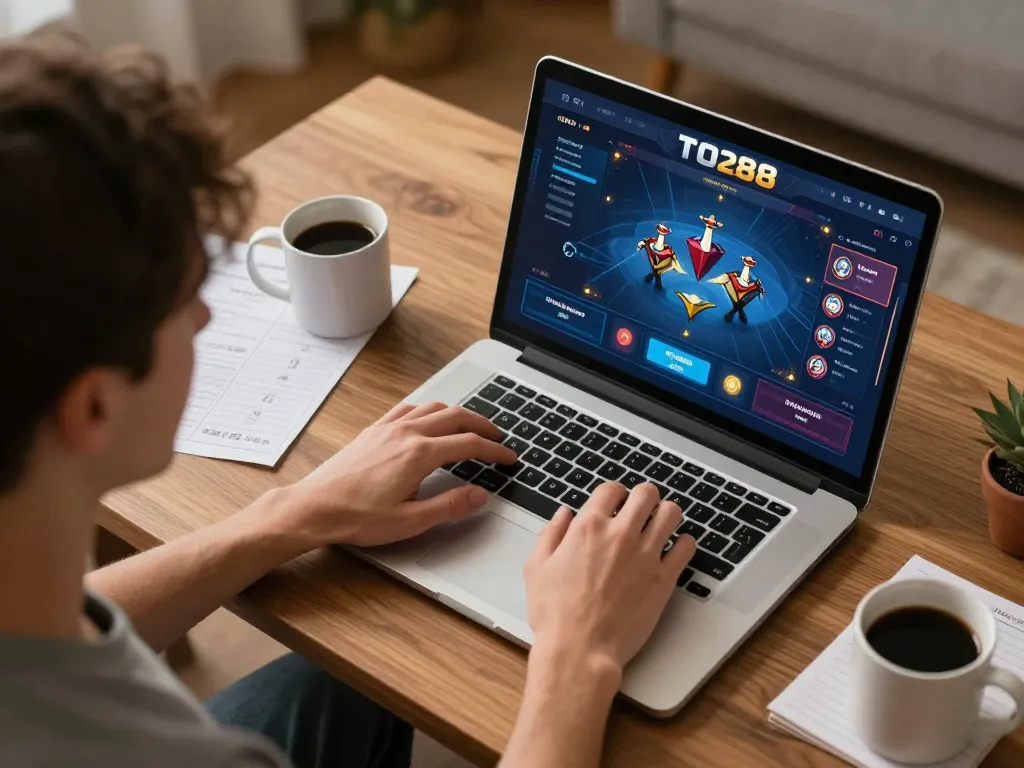Engaging gameplay on TO288 platform with player using laptop and strategy notes.