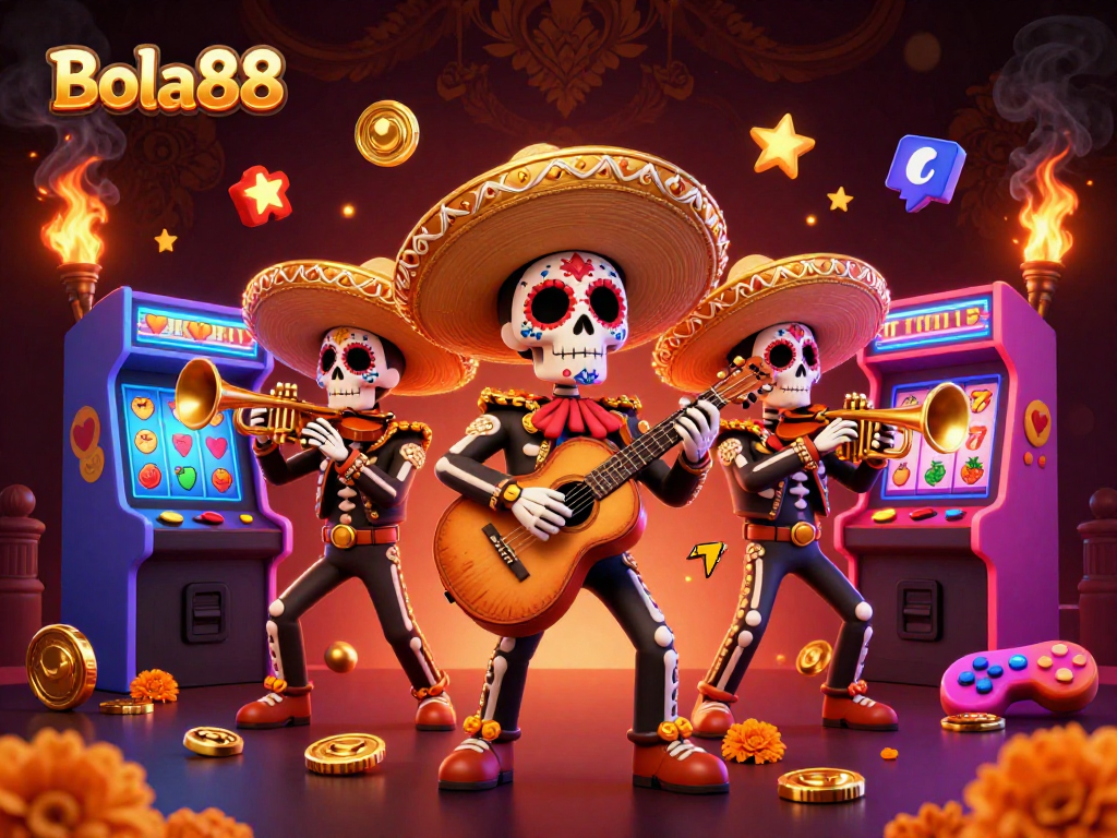 Bola88 menghadirkan slot kaya warna dan suasana meriah dalam ilustrasi kasino yang unik.