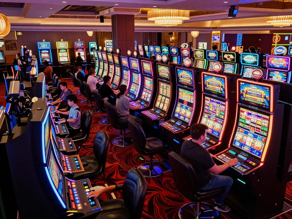 Players engaging with the tg88 slot machines amidst bright lights and vibrant casino atmosphere