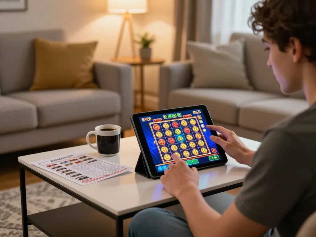 Engaged player enjoying the open 88 slot game on a tablet from their cozy living room, showcasing a relaxed and focused atmosphere.