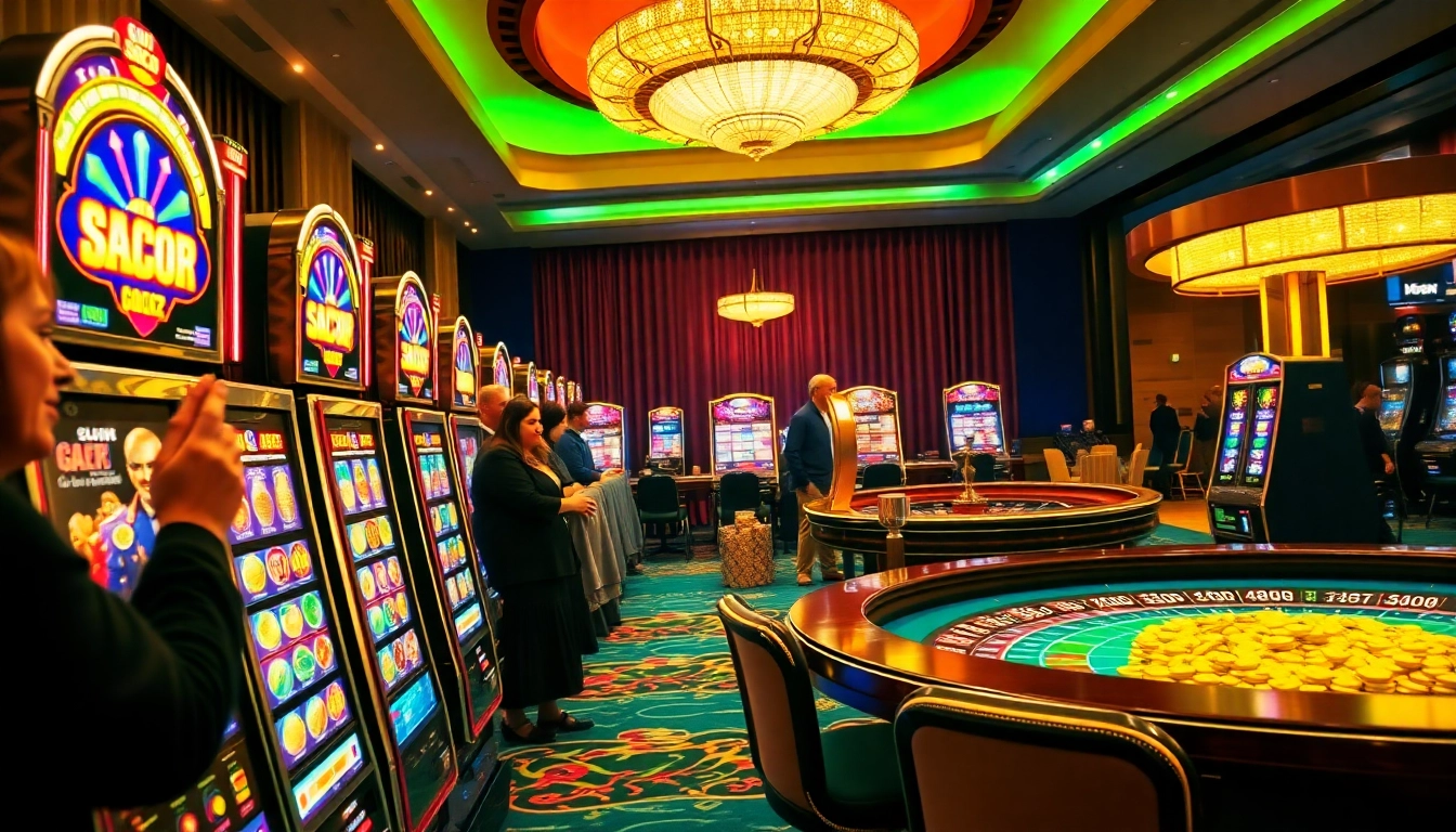 Pemain memenangkan besar di mesin slot gacor dalam lingkungan kasino yang penuh warna.