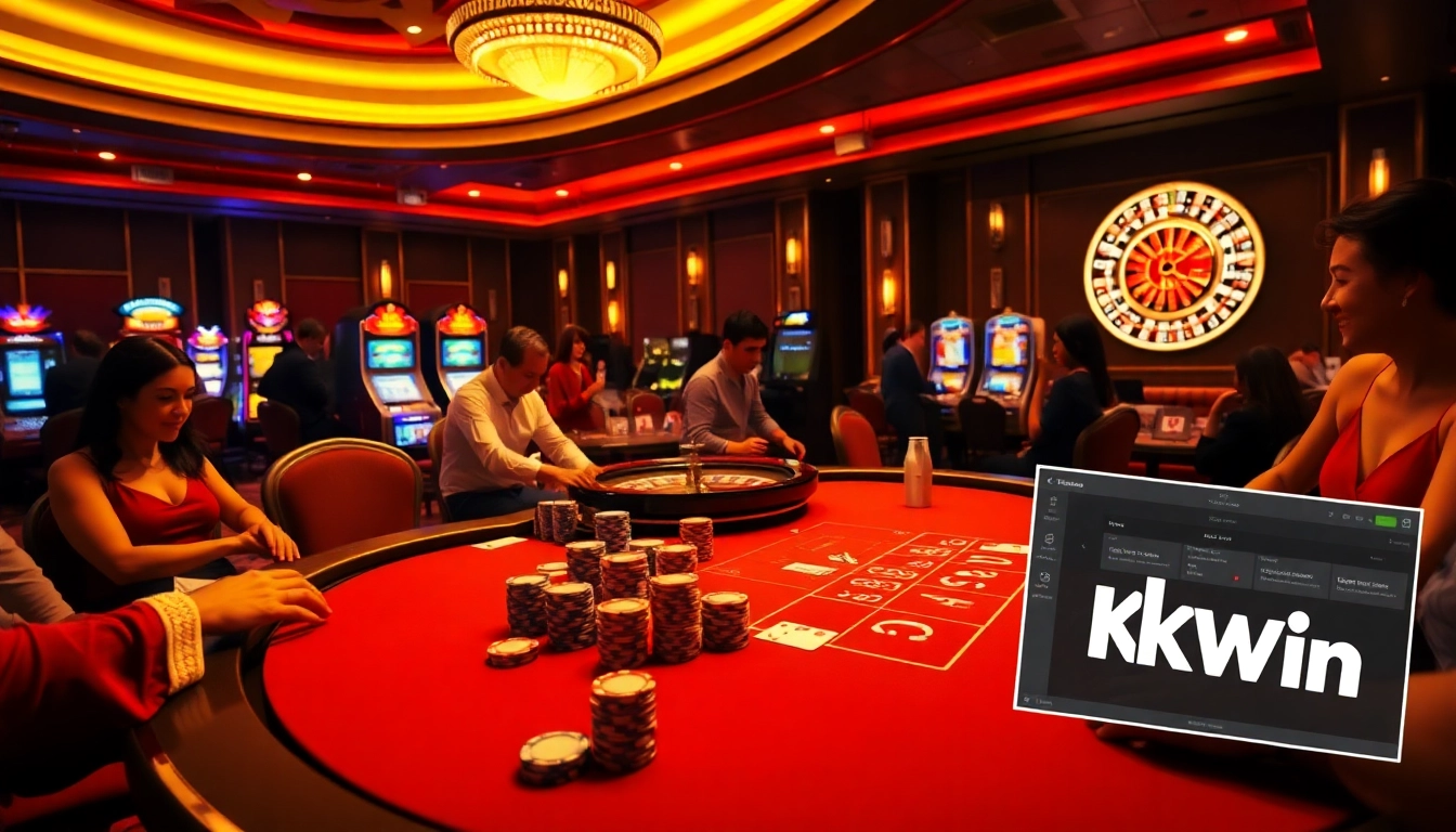Experience the thrill of gaming at Kkwin with this vibrant casino scene showcasing poker and roulette.