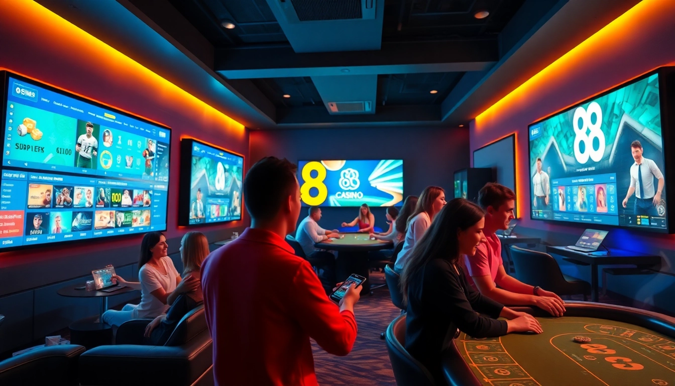Exciting casino scene at 8s showcasing diverse players enjoying sports betting and slot games.