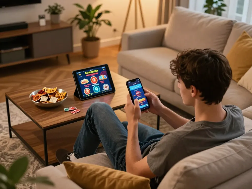 Person enjoying online gambling on TG88 app, surrounded by a cozy home atmosphere.