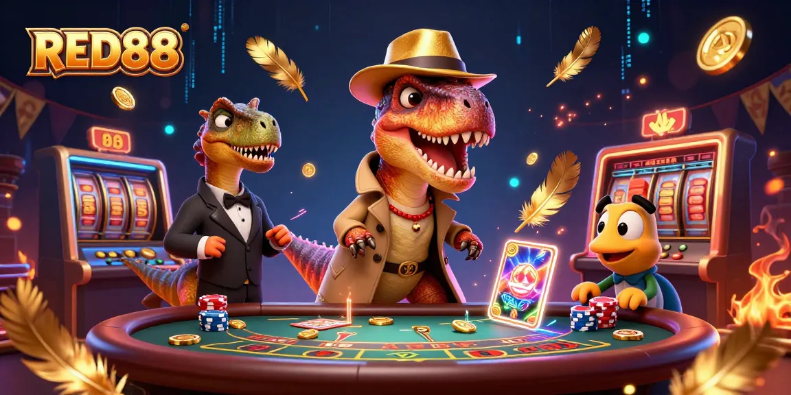 Engage in thrilling casino adventures with RED88 featuring a velociraptor and stegosaurus at a blackjack table.