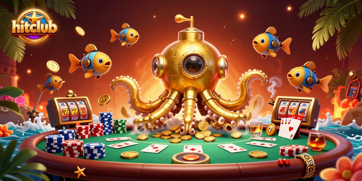 Hitclub players enjoy dynamic poker scenes with a golden kraken submarine and vibrant game elements.