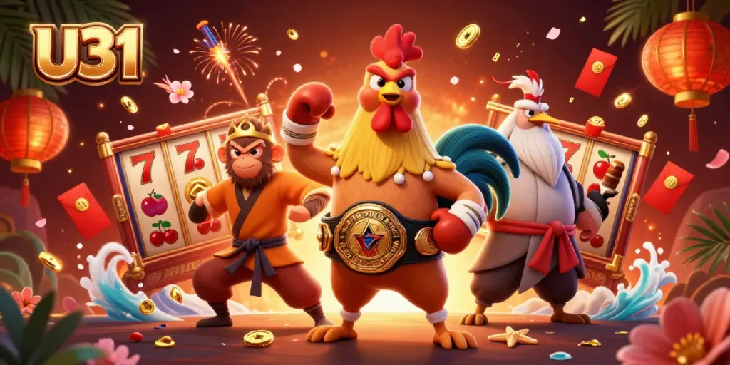 U31 unveils an exciting and vibrant scene featuring a Muay Thai rooster, Shaolin monkey, and crane master engaging in fun casino gameplay.
