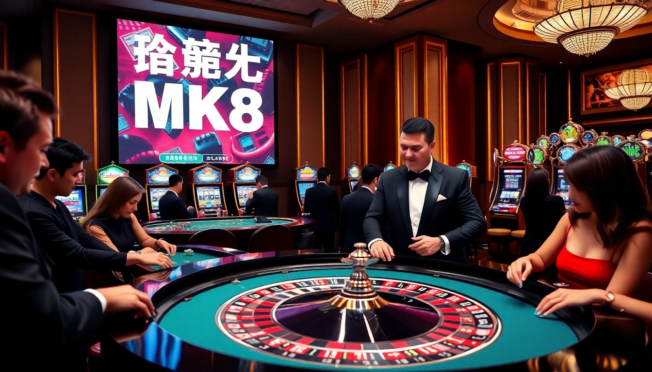 Experience the thrill of เครดิตฟรี MK8 at a luxurious casino with roulette, chips, and excited players.