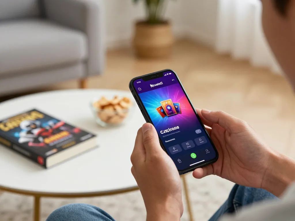 Player using the kuwinfi app on their smartphone for engaging online casino gameplay in a cozy setting.