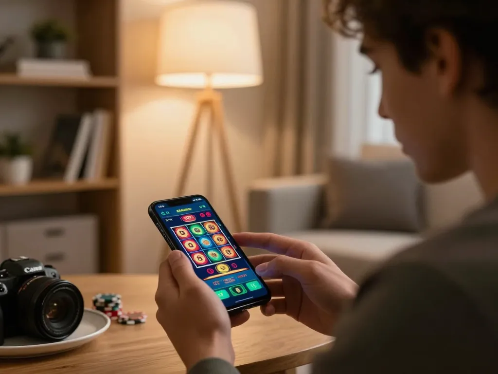 Player engaging with kk win.com mobile casino app, vibrant games displayed, strategic online play in cozy atmosphere
