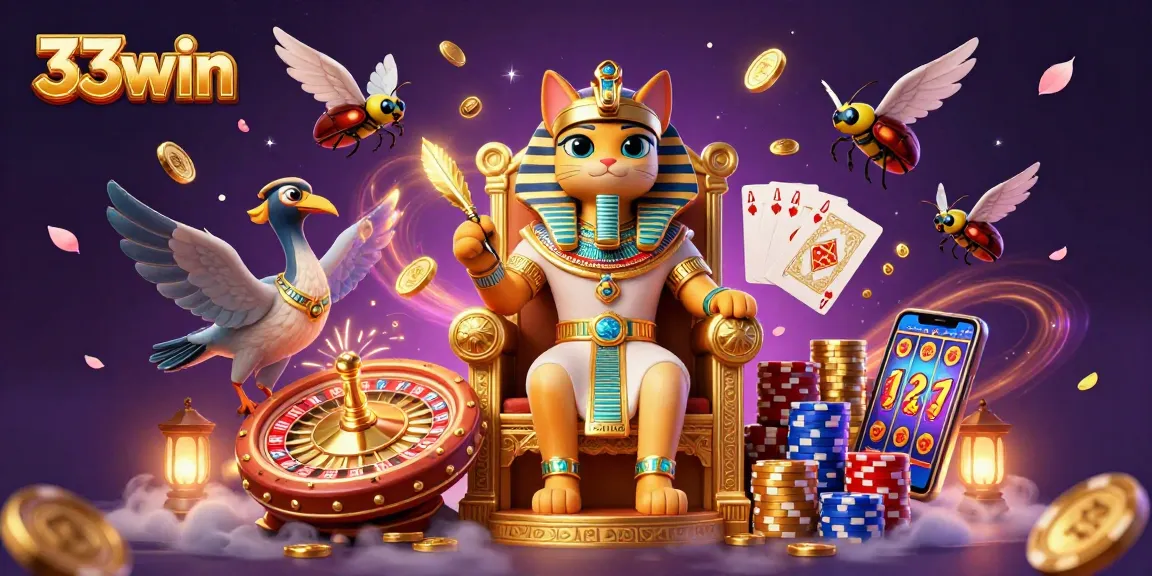 Engage with 33win's vibrant casino scene featuring a pharaoh cat and enchanting elements.
