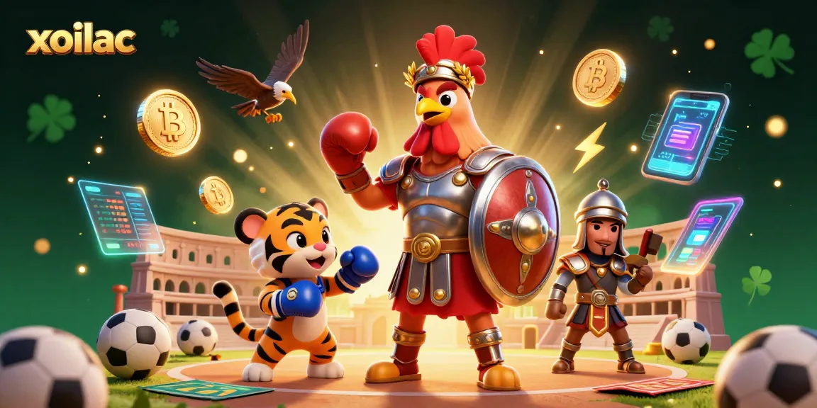 Xoilac delivers thrilling sports betting action in a vibrant 3D illustration featuring dynamic gladiatorial characters.
