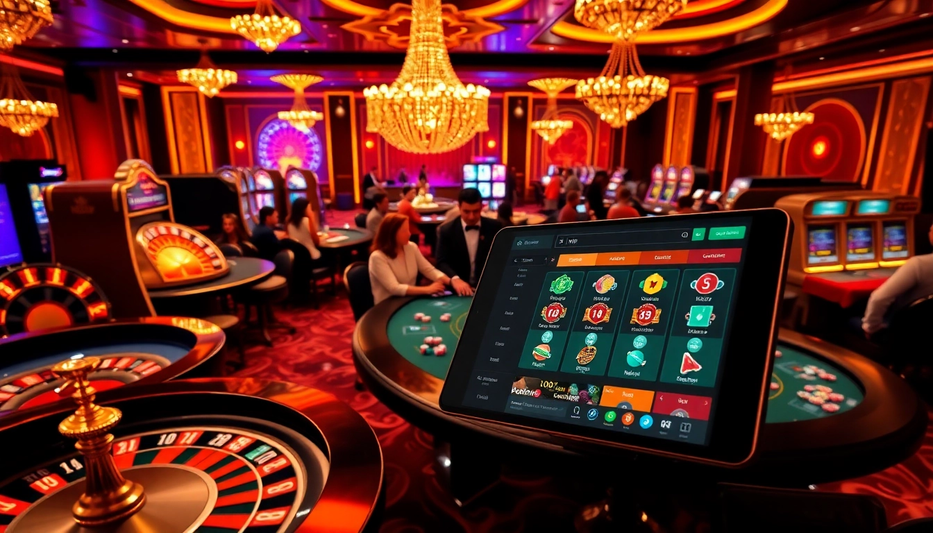 Engage in thrilling 'Rik vip' gameplay at a high-stakes casino featuring roulette wheels and poker tables.