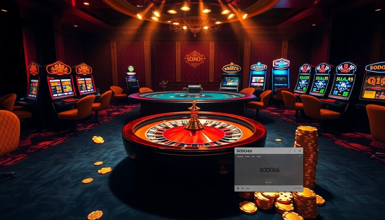 SODO66 players enjoying a vibrant online casino experience with roulette, poker, and slot machines.