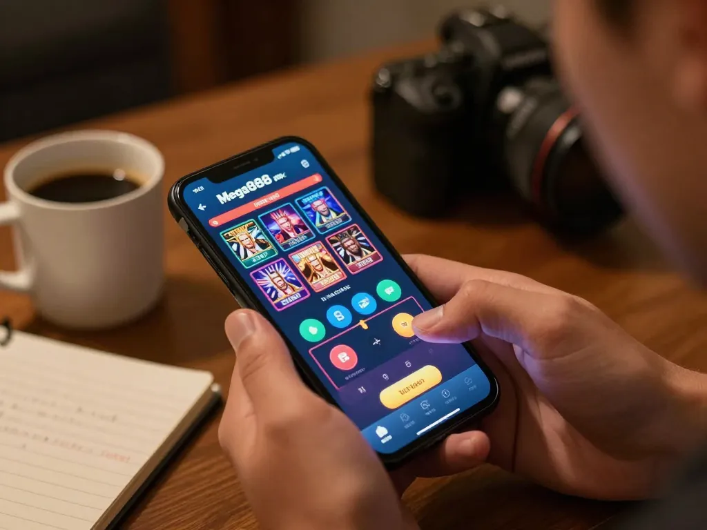 Engage with the mega888 apk interface during an online gaming session on a smartphone.