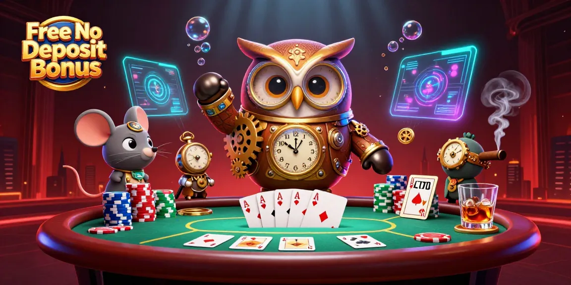 Engage with the Free No Deposit Bonus in this vibrant casino scene, featuring a time-traveling owl and poker elements.