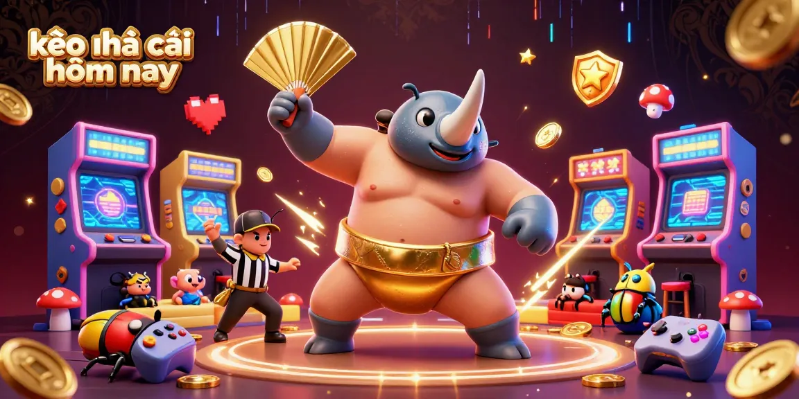 Bet on kèo nhà cái hôm nay as a rhinoceros beetle sumo champion stomps and sends coins flying in this vibrant illustration.