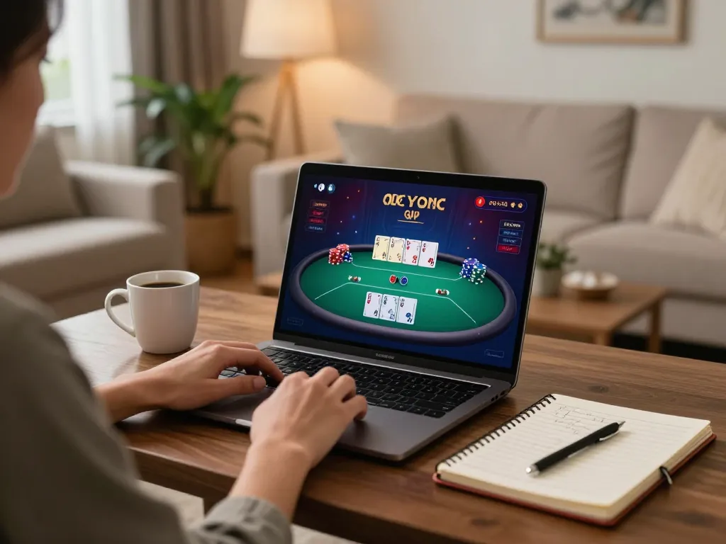 LGOSUPER online player strategizing poker with laptop in a cozy home setting.