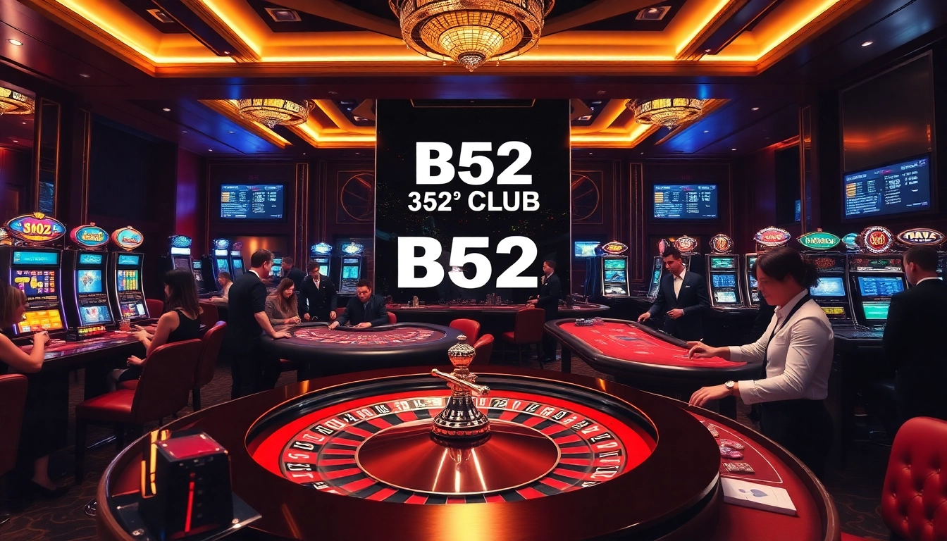Players celebrating a win at B52 CLUB casino, surrounded by vibrant slot machines and poker tables.