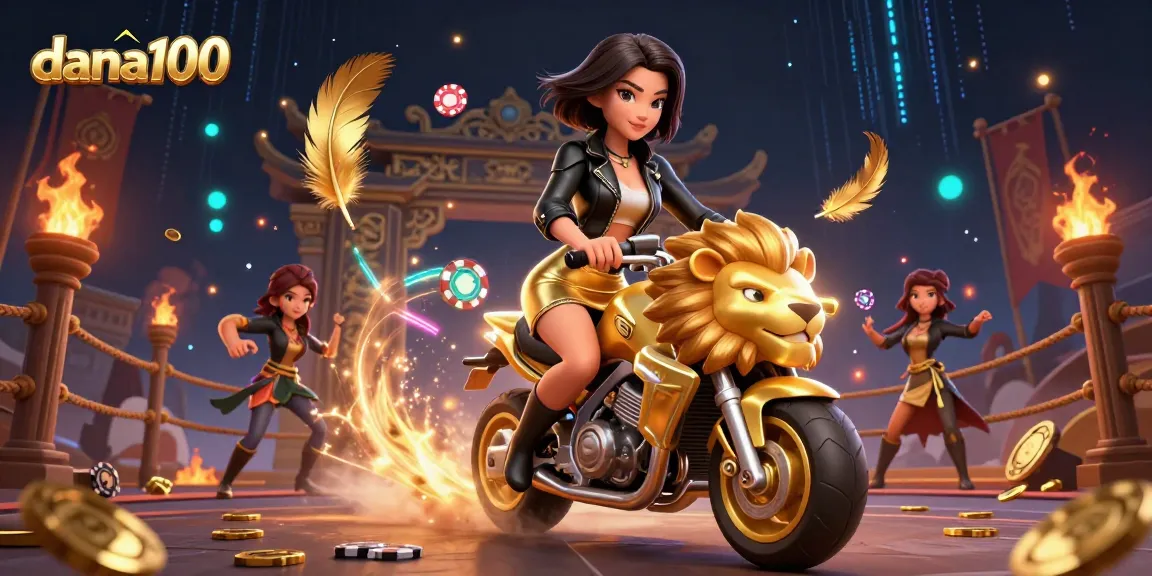 Dana100 offers thrilling gaming action with an Asian woman on a gold lion mascot amid vibrant casino elements.