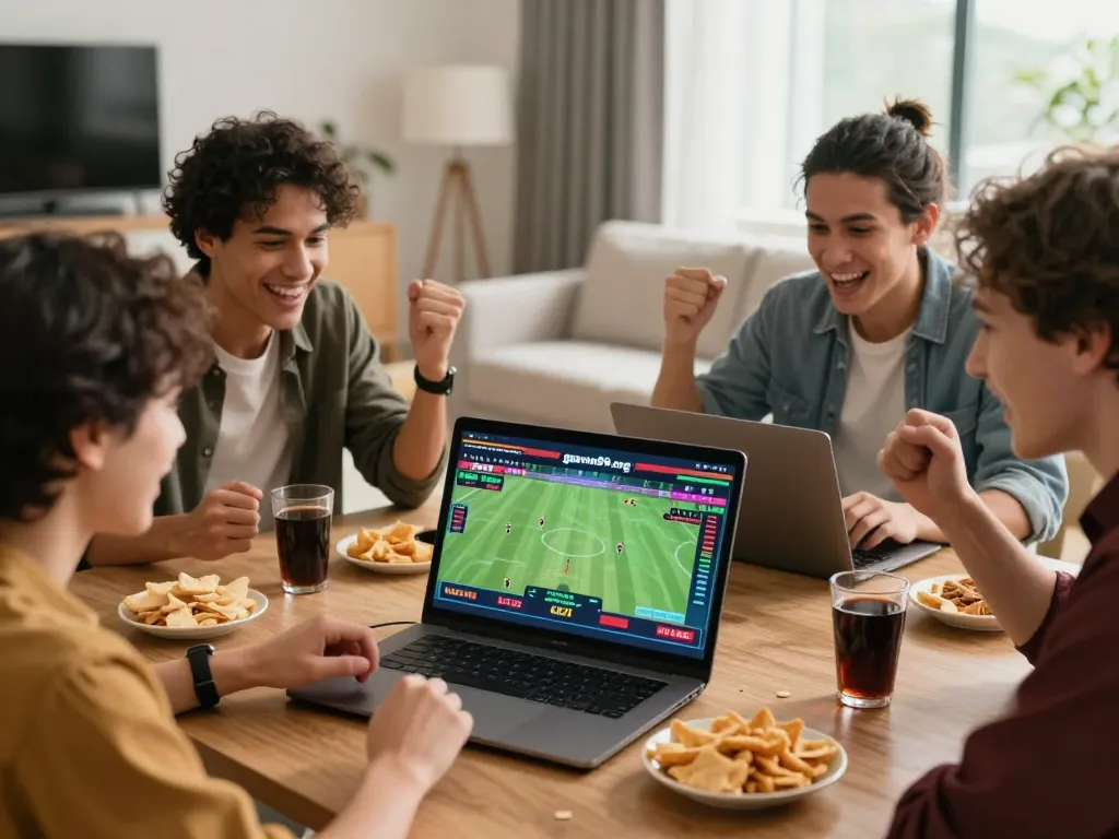 Friends enjoy live betting on https://gavn99.org/ in a lively home setting.