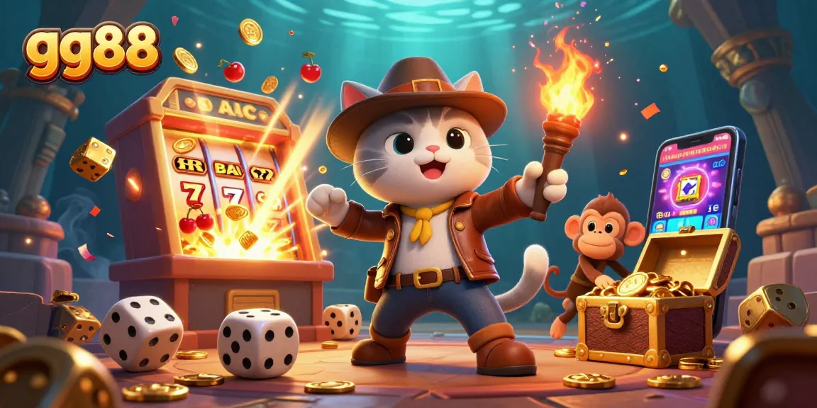 Experience the thrill of gaming at gg88, featuring a vibrant casino adventure illustration with slot machine excitement.