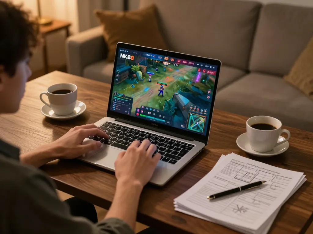 NK88 player engaged in online gaming session with laptop, showcasing dynamic betting strategies.
