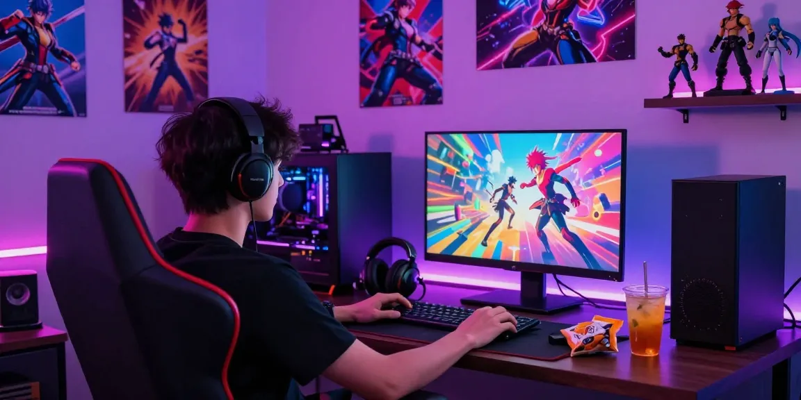 Engaged gamer playing an exciting ecchi game in colorful gaming setup.