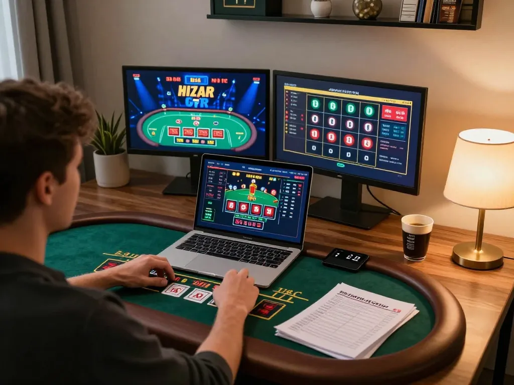 Player strategizing with MM 99 during live dealer blackjack game at home.