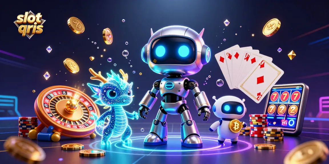 Engage with slot qris game elements, featuring a robot and holographic dragon amidst rich casino visuals.