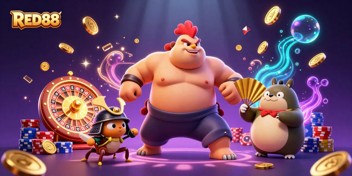 Experience thrilling gameplay with RED88 in a vibrant casino scene featuring animated characters and dynamic game elements.