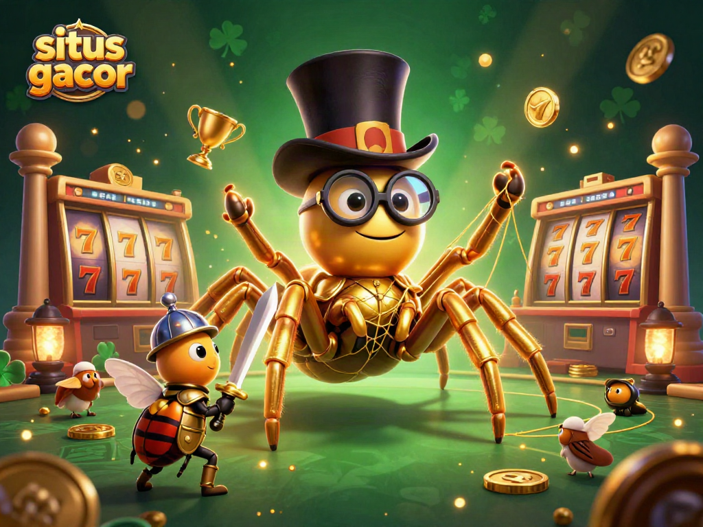 Engage with situs gacor in this dynamic 3D casino scene showcasing a golden tarantula weaving luck.