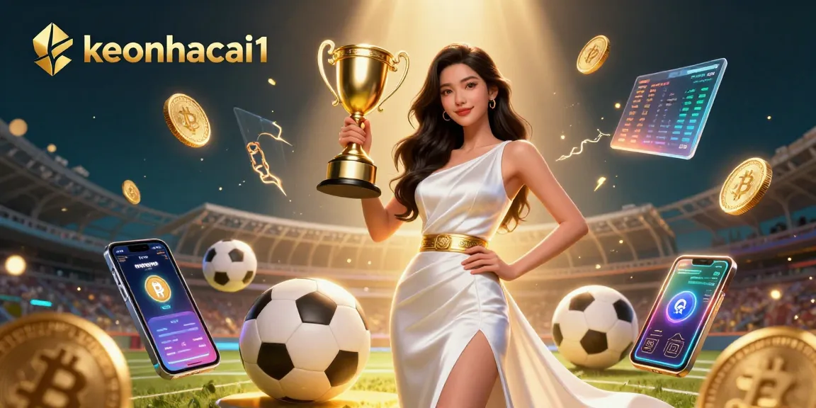 Celebrate victories with keonhacai1's sports betting scene featuring a triumphant lady and crypto elements.