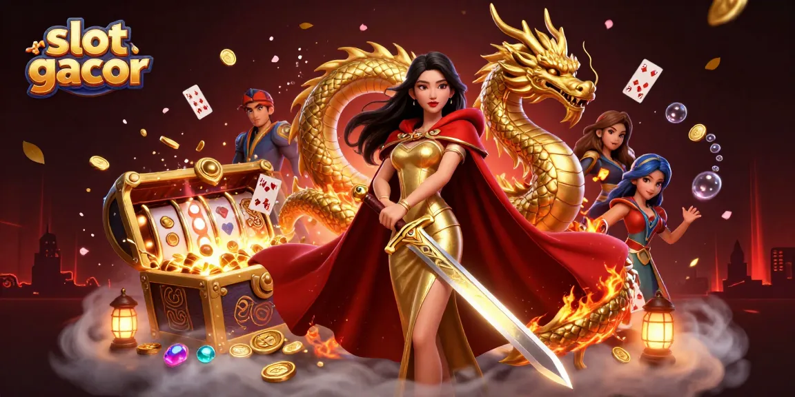 Experience the thrill of slot gacor with a warrior queen and vibrant casino elements.