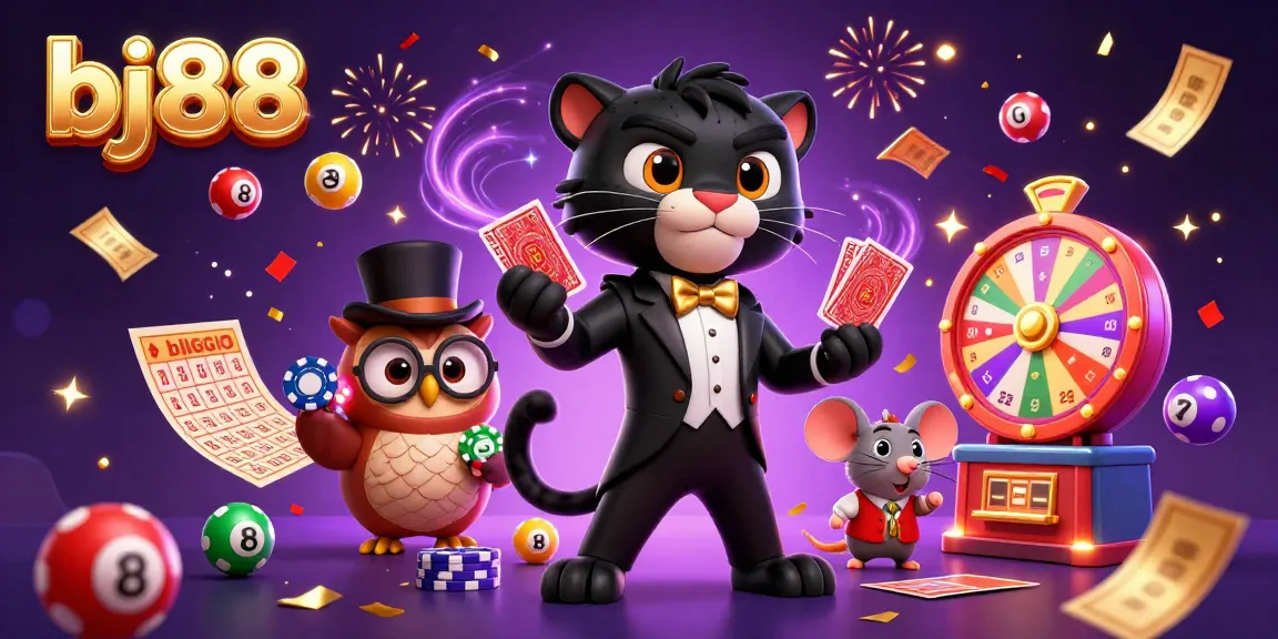 Experience the excitement of bj88 online casino with a panther dealer, owl with chips, and a lucky mouse in a vibrant setting.