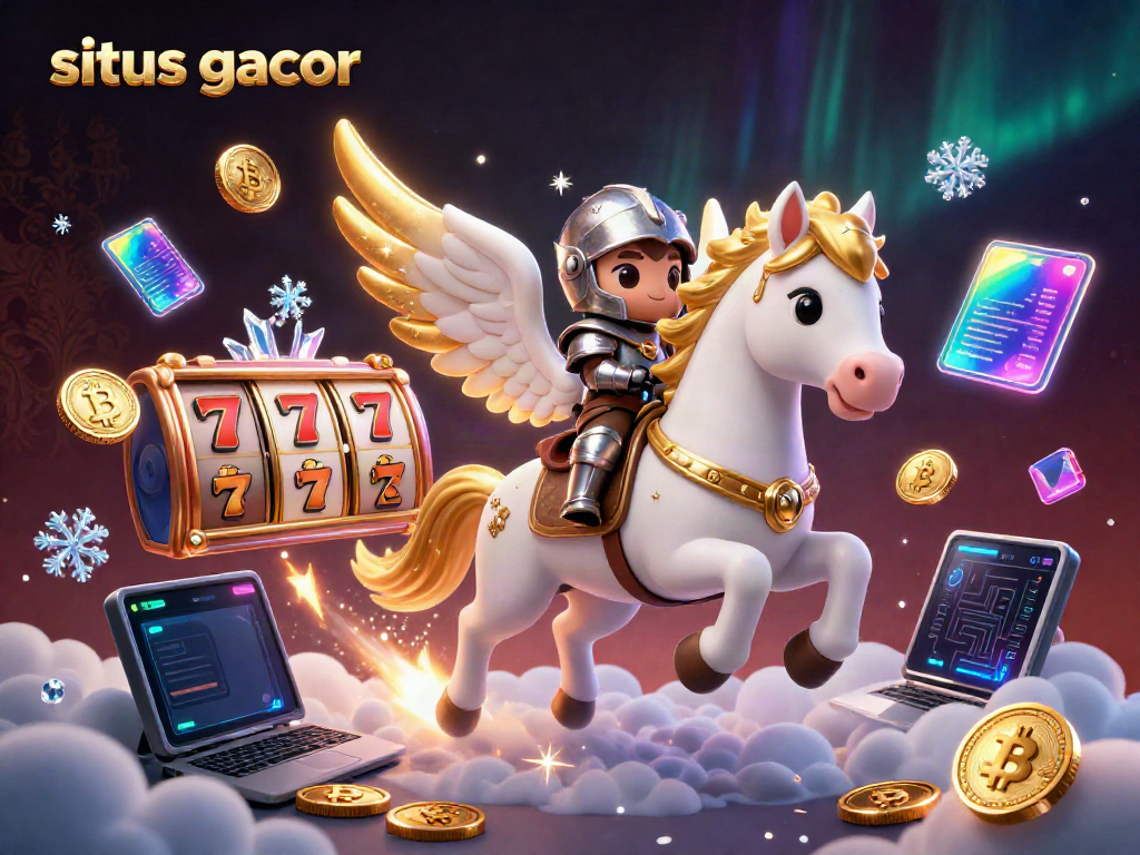Situs gacor gaming scene featuring a celestial horse and knight amidst slot machines and coin graphics