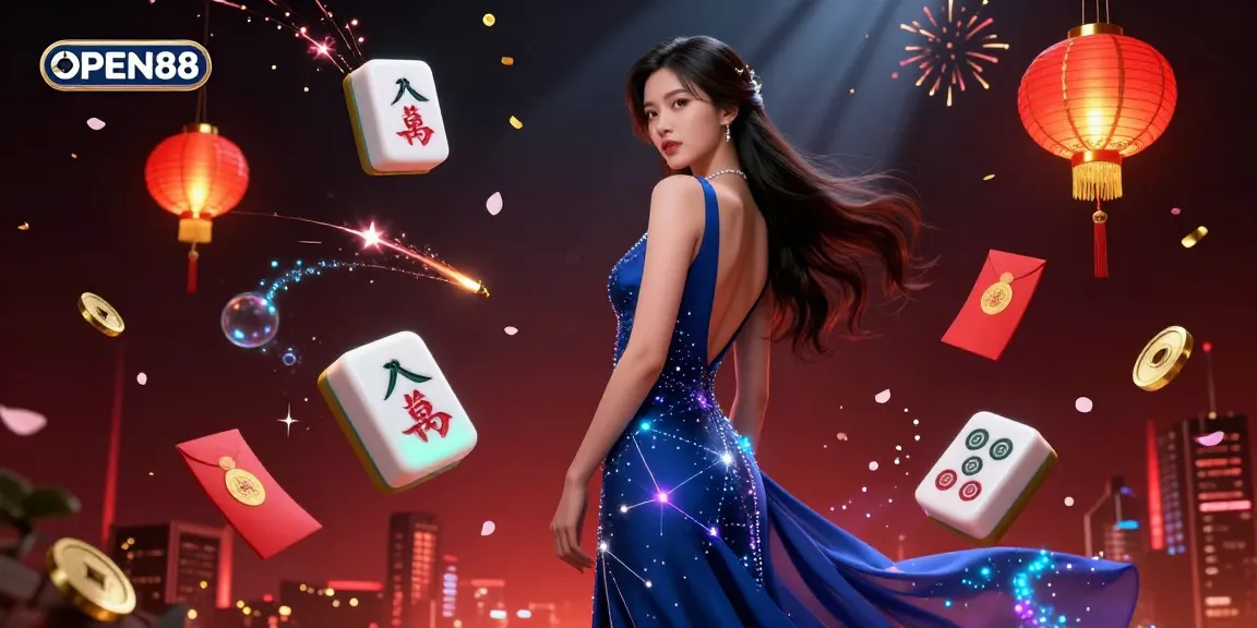Engage with OPEN88's vibrant casino world featuring an elegant woman among rich gaming elements.