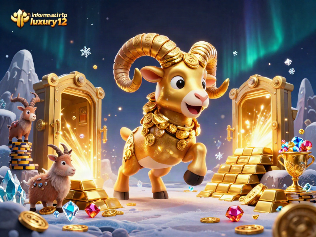 Menampilkan informasi rtp luxury12 dengan ram emas kartun dan koin yang berkilau, elemen slot, dan harta karun yang megah.