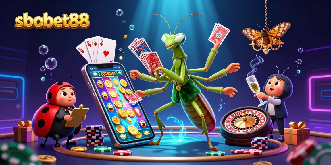 Experience sbobet88 with a lively casino scene featuring a giant mantis card sharp and ladybug pit boss.