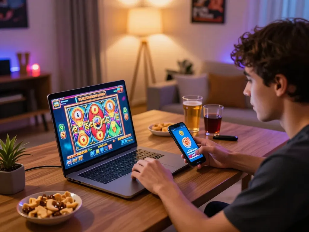 Bermain slot pulsa di laptop di rumah, menampilkan setup perjudian online yang menarik dengan camilan.