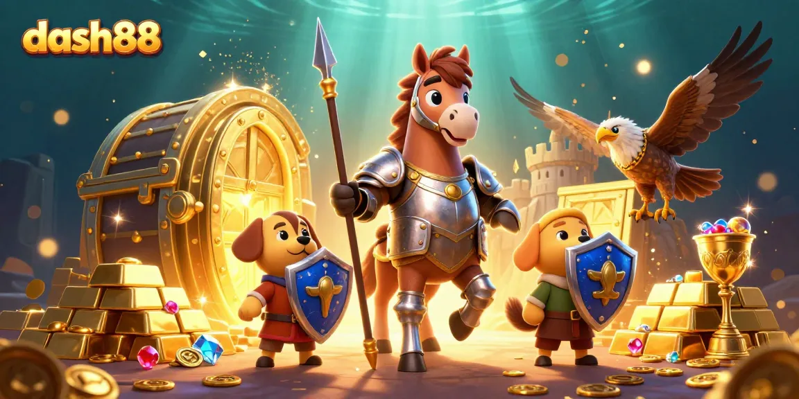 Experience thrilling gameplay with dash88 featuring knights and lavish treasures in this dynamic illustration.