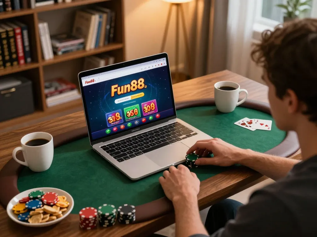 Person strategically playing Fun88 online poker at home in cozy setup with laptop and snacks.