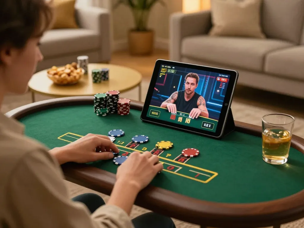Engaging scene of a player using https://x88.design/ for live dealer blackjack, emphasizing home comfort and strategic play.