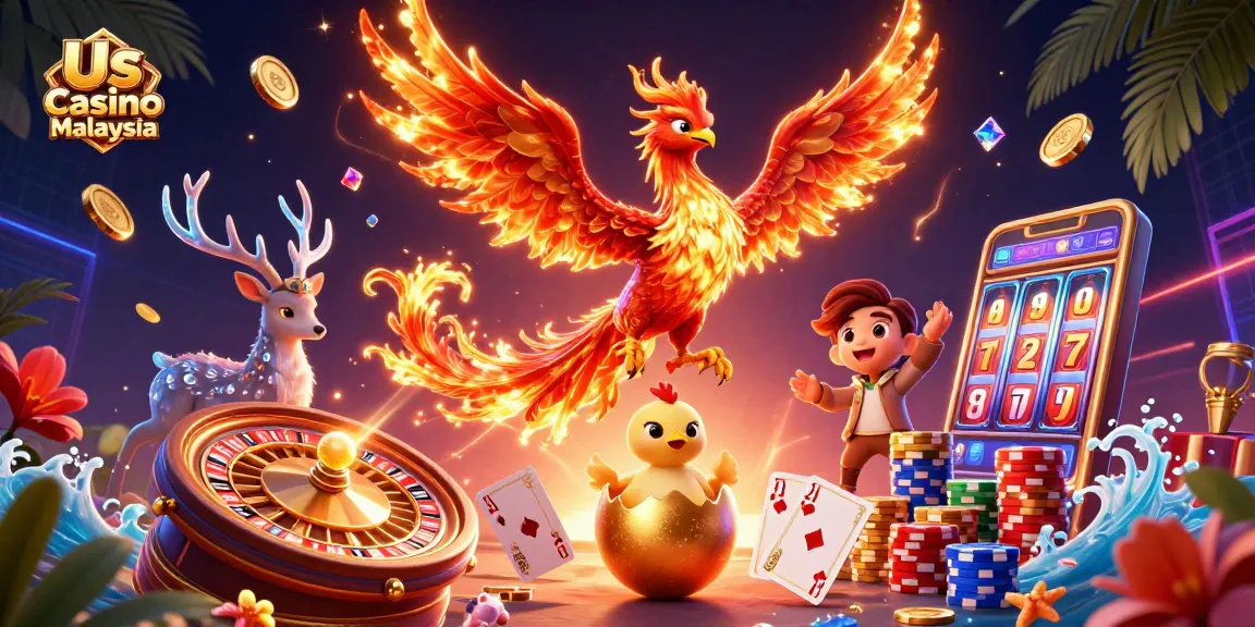 Experience the excitement of Us Casino Malaysia with colorful characters and dynamic gaming elements.