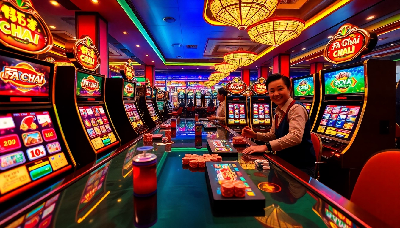 Enjoying fun times at ทดลองเล่นสล็อต ค่าย Fa Chai with vibrant slot machines and lively ambiance.