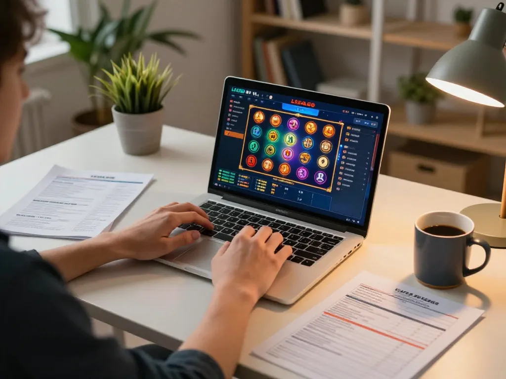 LIGALGO online gaming enthusiast engaged in a strategic gambling session on a laptop in a cozy home office environment.